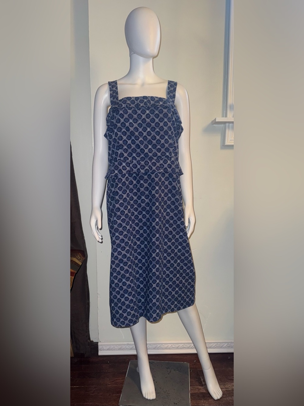 Ann Taylor Navy Geometric-Print Square Neck Midi Dress